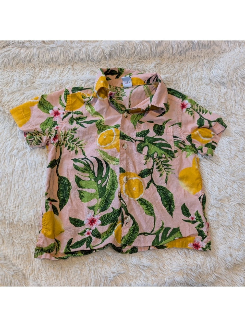 Old Navy Pink Tropical Lemon Print Button Down Shirt Toddler Size 2T